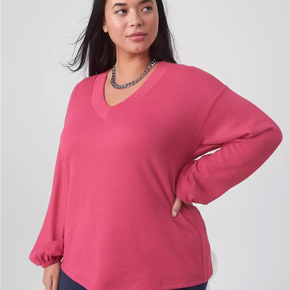 LANE BRYANT Fuchsia Knit V-Neck Top Blouson Sleeve 22/24 Plus
